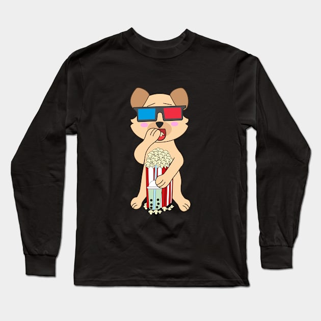 Kawaii dog watching movies and eating popcorn Long Sleeve T-Shirt by Ralph Hovsepian